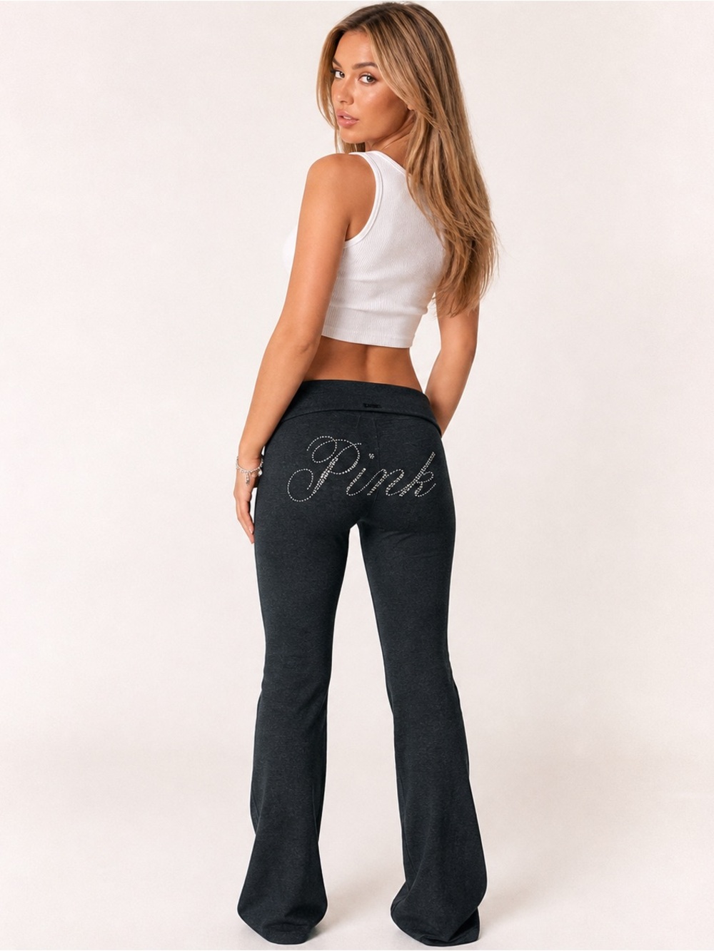VS PINK‎ Y2K Fold Over Flare Leggings Gray Bling Logo Retro XL
